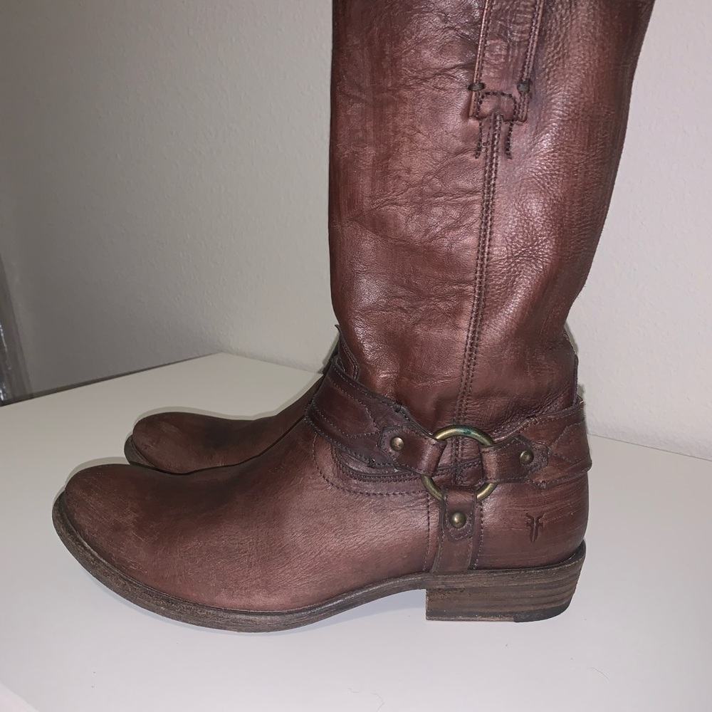 8.5 Brown Frye Leather Almond Toe Harness Boots